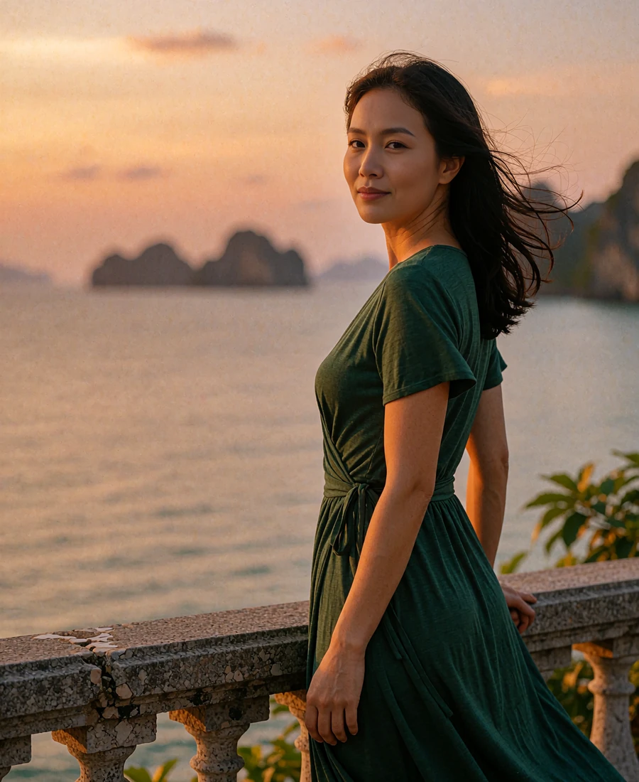 Vietnamese member in a deep-green wrap dress standing at a stone terrace railing above a calm bay at dusk