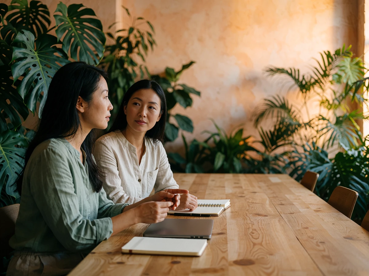 Two women reviewing profiles together at a light timber table in a plant-filled workspace