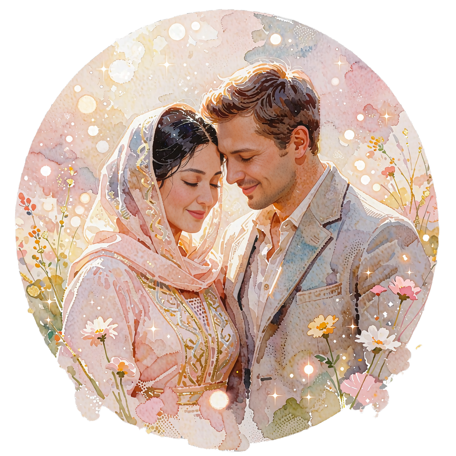 Kyrgyz woman in a blush wool wrap standing beside a smiling Western man, heads tilted gently together in a meadow setting