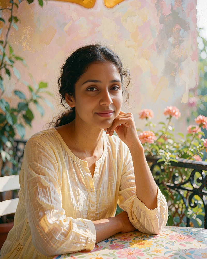 Indian member in a cream kurta-style top seated at a sunlit terrace cafe table
