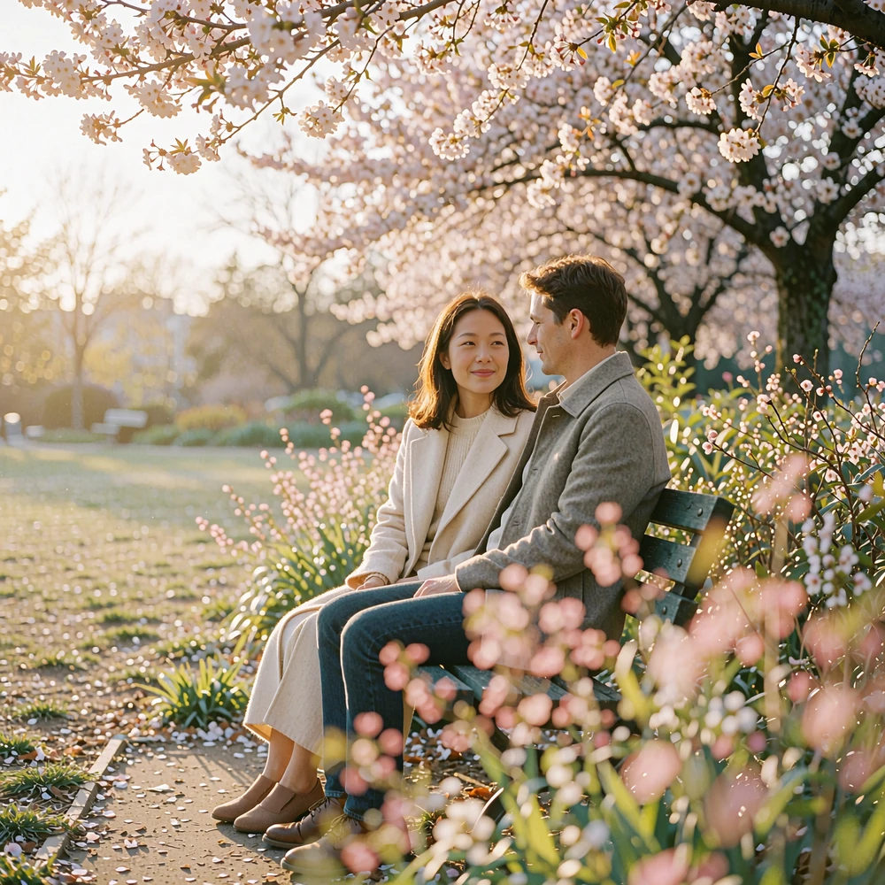 Couple seated together on a park bench beneath blossoming trees, talking with easy smiles