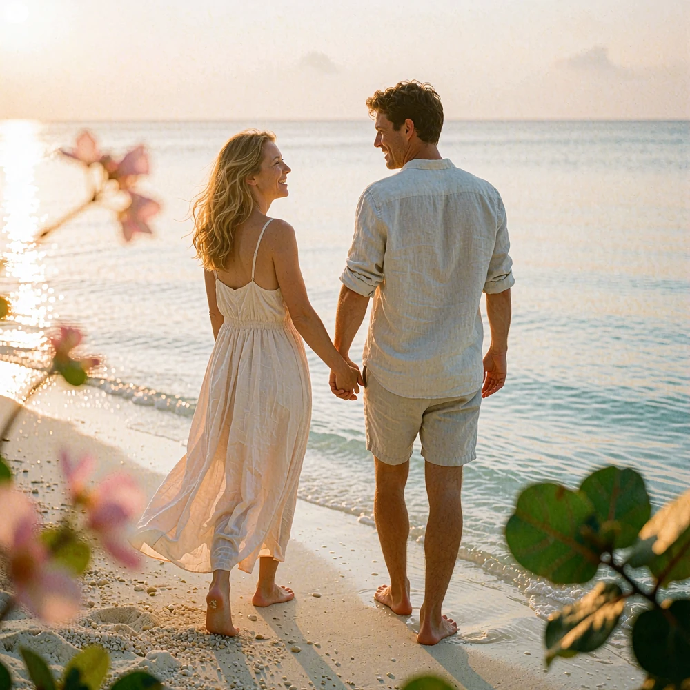 Couple walking barefoot along a quiet shoreline at sunset, holding hands and laughing together