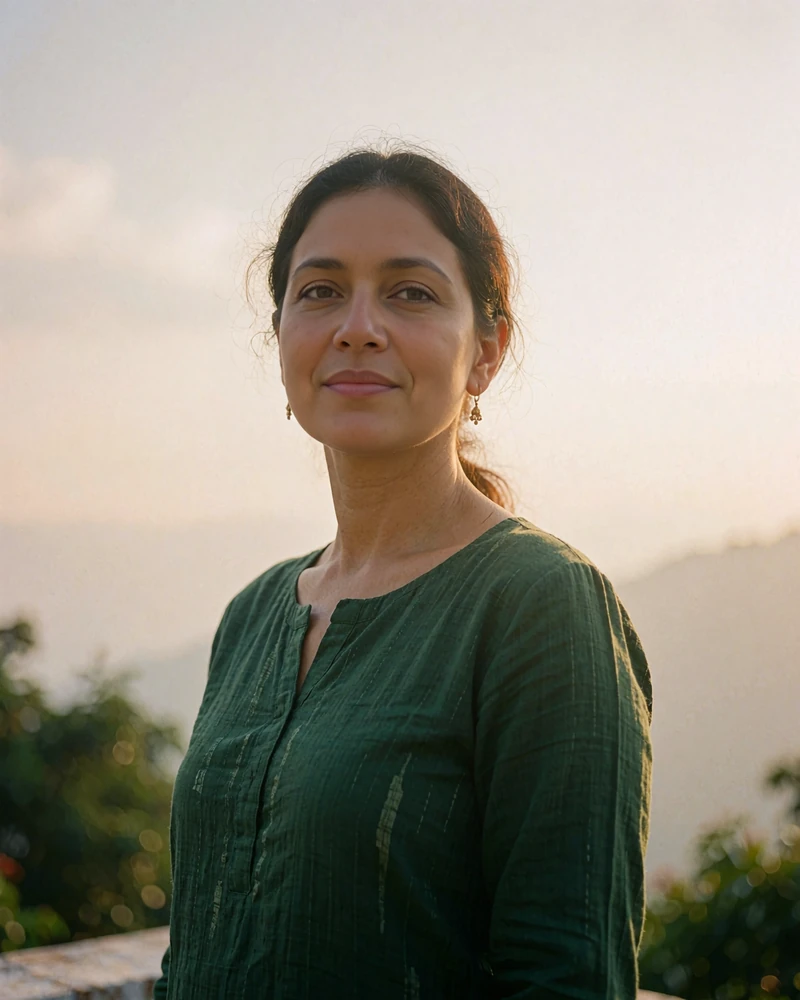 Nepalese member in a deep green kurta standing on a rooftop terrace with open sky behind her