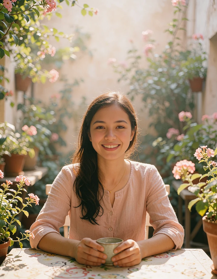 Burmese member in a blush linen blouse smiling at an outdoor teahouse table
