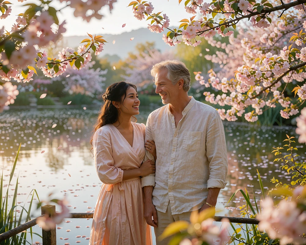 Couple standing together at a lakeside railing at sunset, sharing a quiet laugh