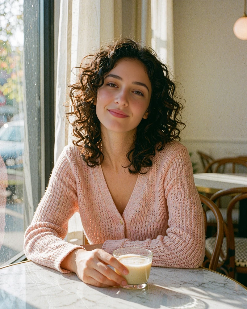 Armenian member with dark curly hair smiling at a marble café table by a sunlit window