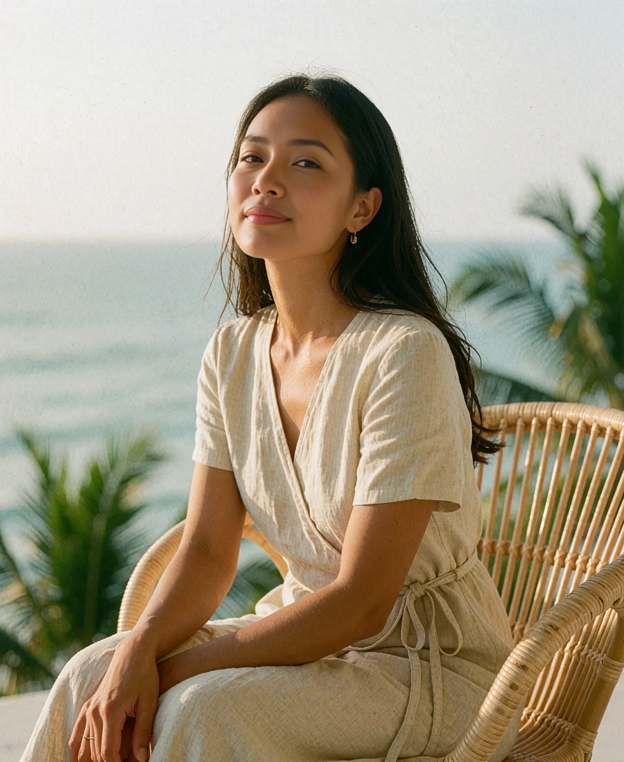 Filipina member in a cream linen dress seated on a rattan chair on a seaside terrace