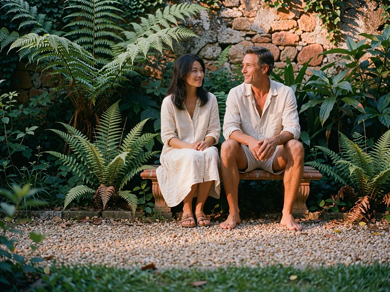 Man in an open collar shirt sitting on a garden bench, smiling while listening to an Asian woman beside him