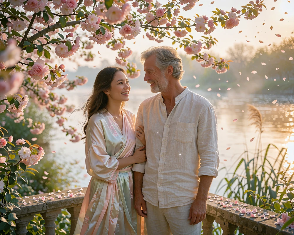 Couple standing close together on a riverside terrace, sharing a quiet laugh in warm afternoon light
