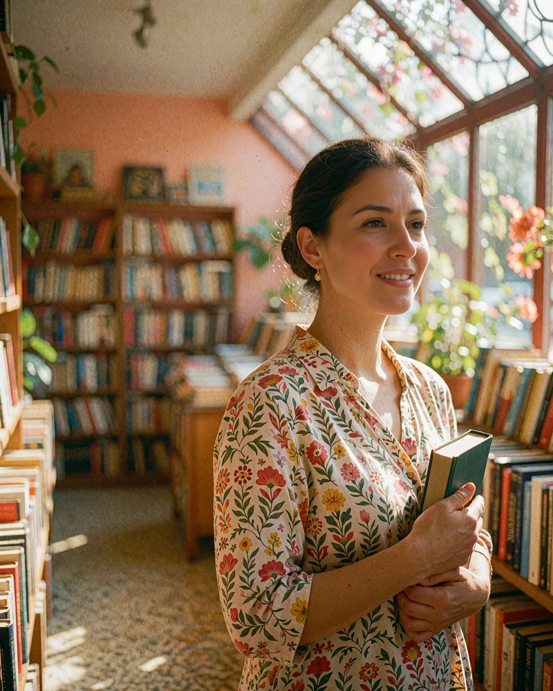 Jordanian member holding a closed book in a sunlit bookshop aisle with a soft thoughtful smile