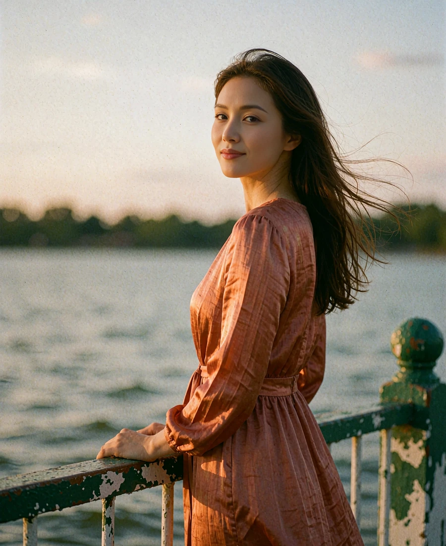 Chinese woman in a terracotta silk dress standing at a lakeside railing at dusk