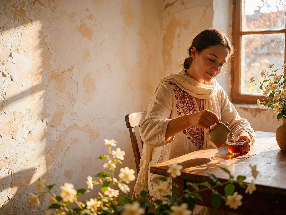 Afghan woman in an embroidered tunic pouring tea at a sunlit wooden table