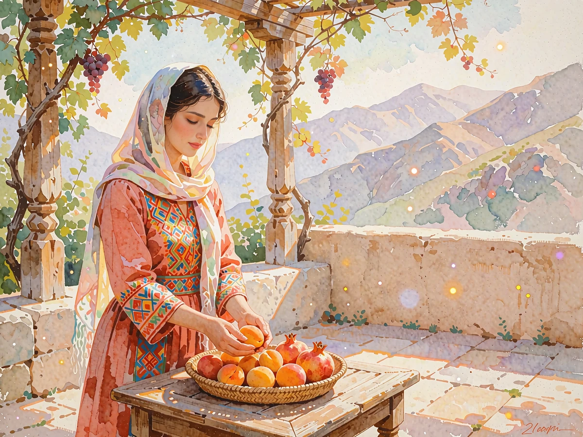 Tajik woman in a coral embroidered dress arranging apricots and pomegranates on a sunlit mountain terrace