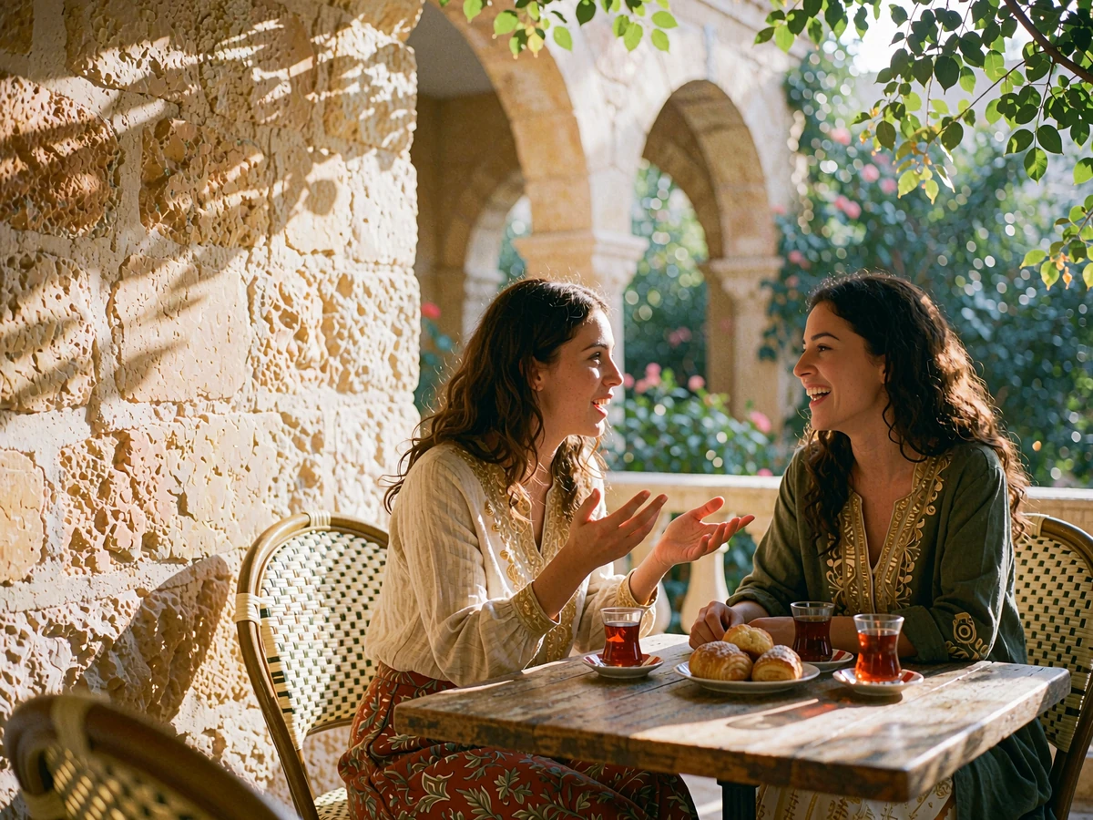 Two Jordanian women laughing together over tea on a sunlit café terrace with stone arches