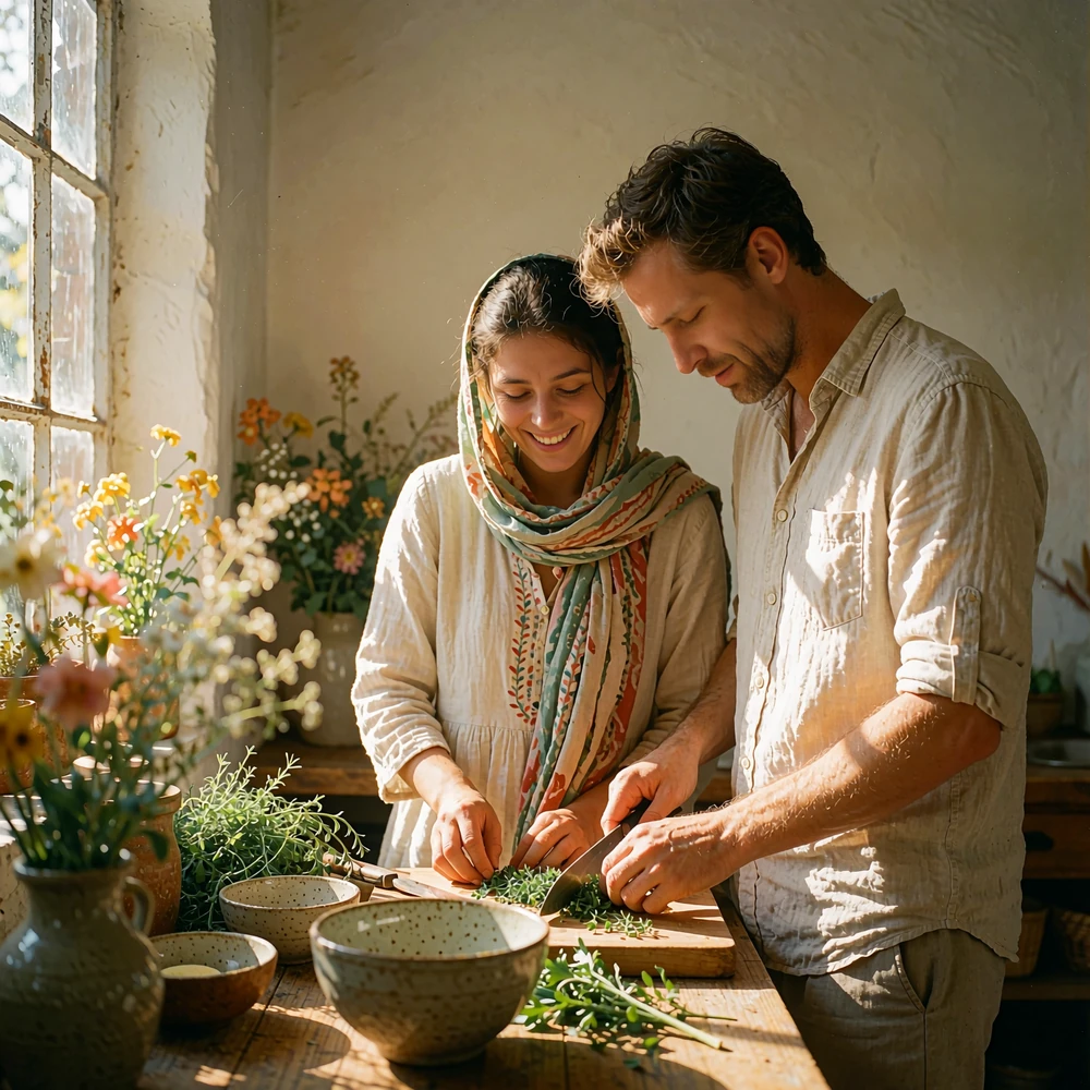 Couple preparing food together at a sunlit wooden kitchen counter, laughing softly