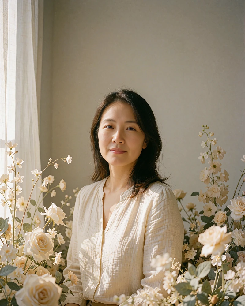Korean member in a cream blouse photographed against a plain warm-grey studio wall with a calm, sincere expression