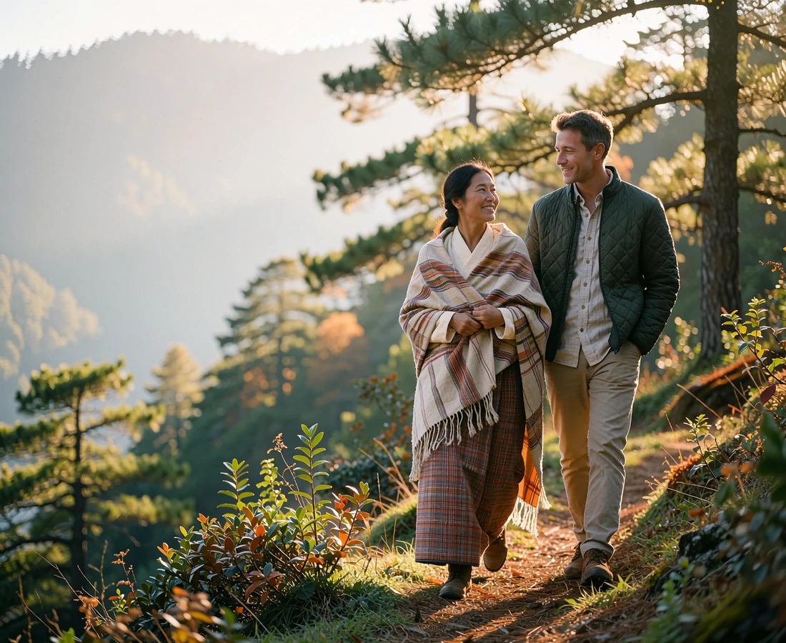 Couple walking together along a pine ridge path in soft golden mountain light, turning toward each other mid-conversation