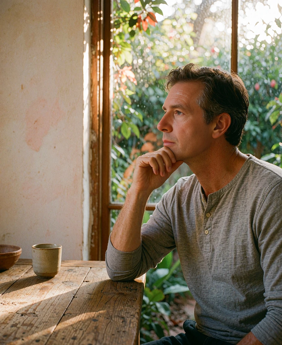 Man seated at a wooden desk beside a garden window, thinking before deciding whether a paid dating platform is worth it