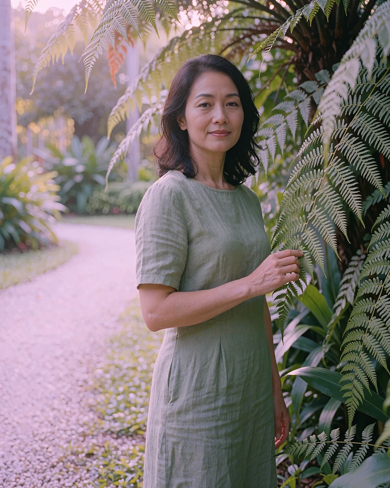 Singaporean member in a sage linen dress standing beside tall ferns in a botanic garden
