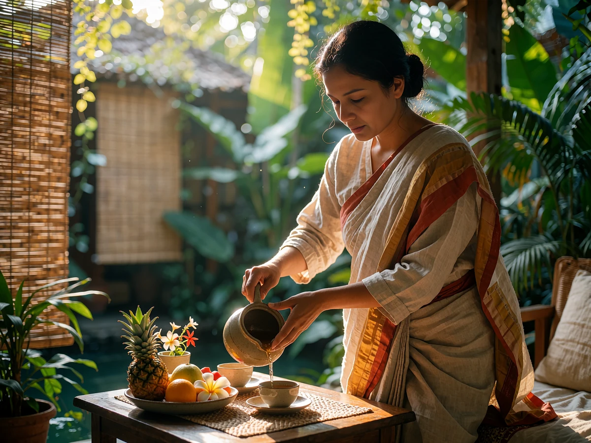 Bangladeshi woman pouring tea on a shaded veranda set with fresh fruit and flowers