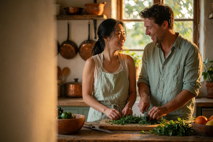 Woman guiding a man as he chops fresh herbs together at a warm wooden kitchen counter