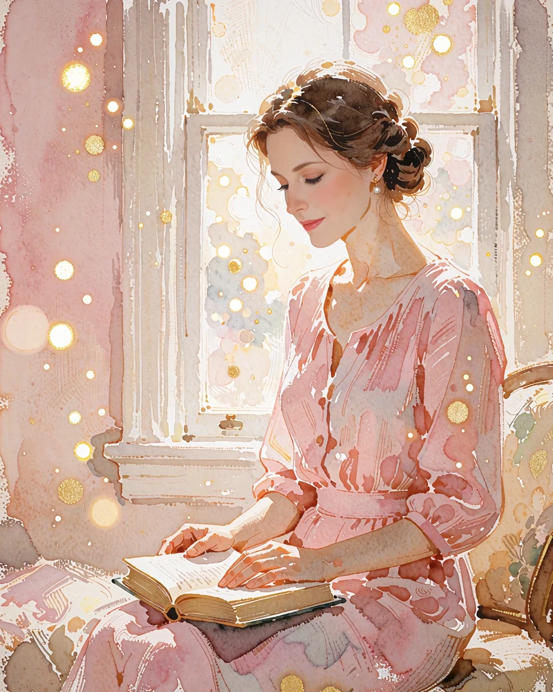 Kazakh woman with a low hair twist seated beside a bright window holding a closed book