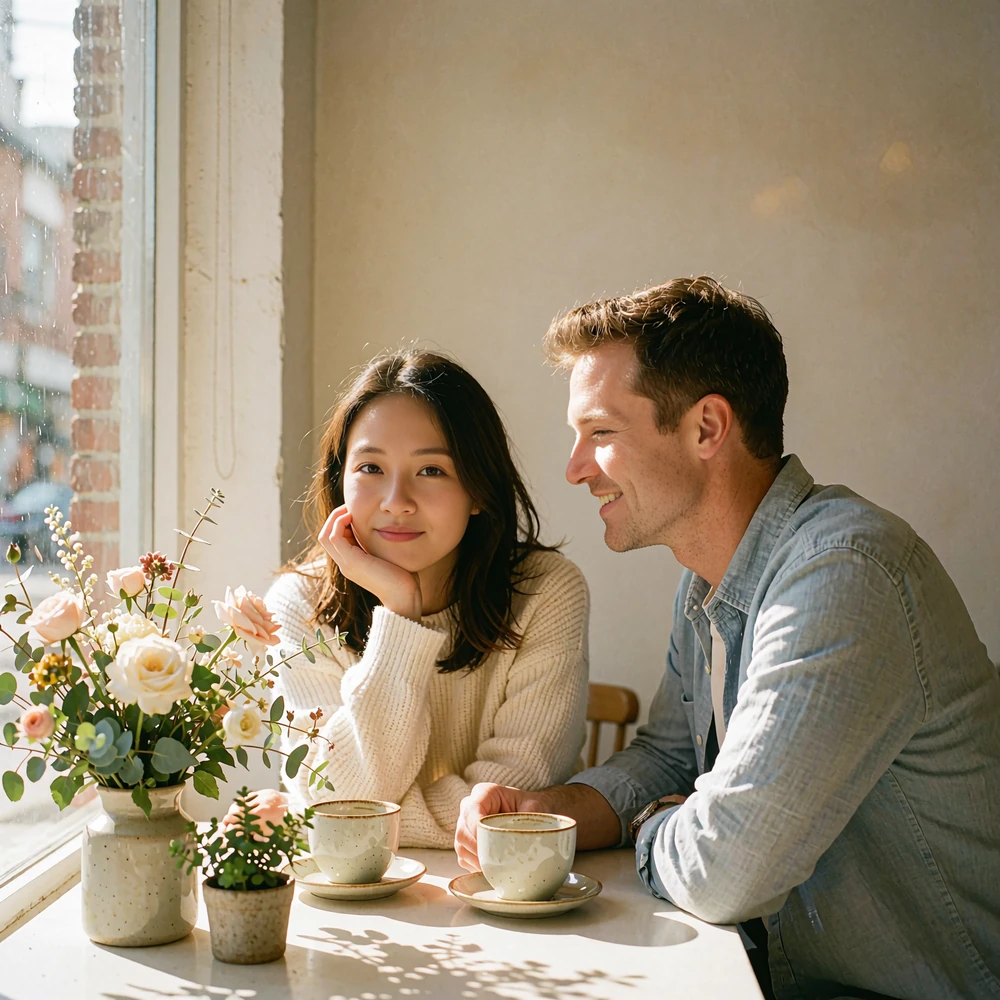 Couple seated at a bright café window table, smiling at each other over ceramic cups