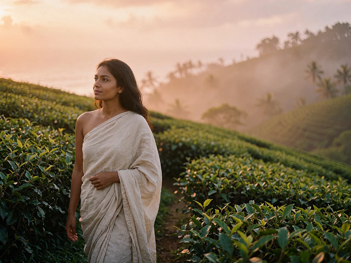 Sri Lankan woman walking a narrow path between rolling green tea terraces in soft afternoon light