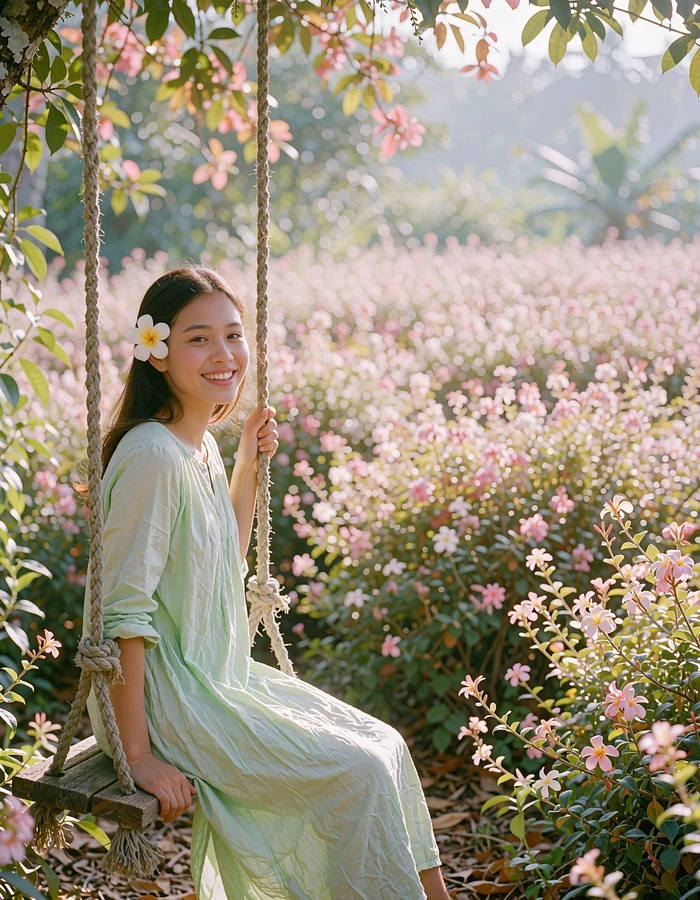 Lao woman in a pastel green cotton dress sitting on a rope garden swing surrounded by flowering shrubs