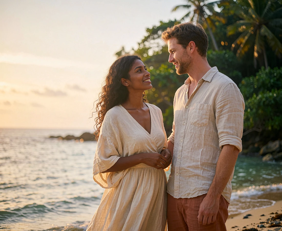 Couple standing close together on a quiet Sri Lankan shoreline at golden hour, mid-conversation with easy smiles