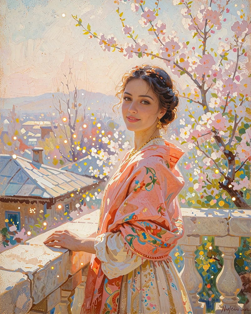 Uzbek woman in a coral silk scarf standing on a sunlit terrace overlooking rooftops