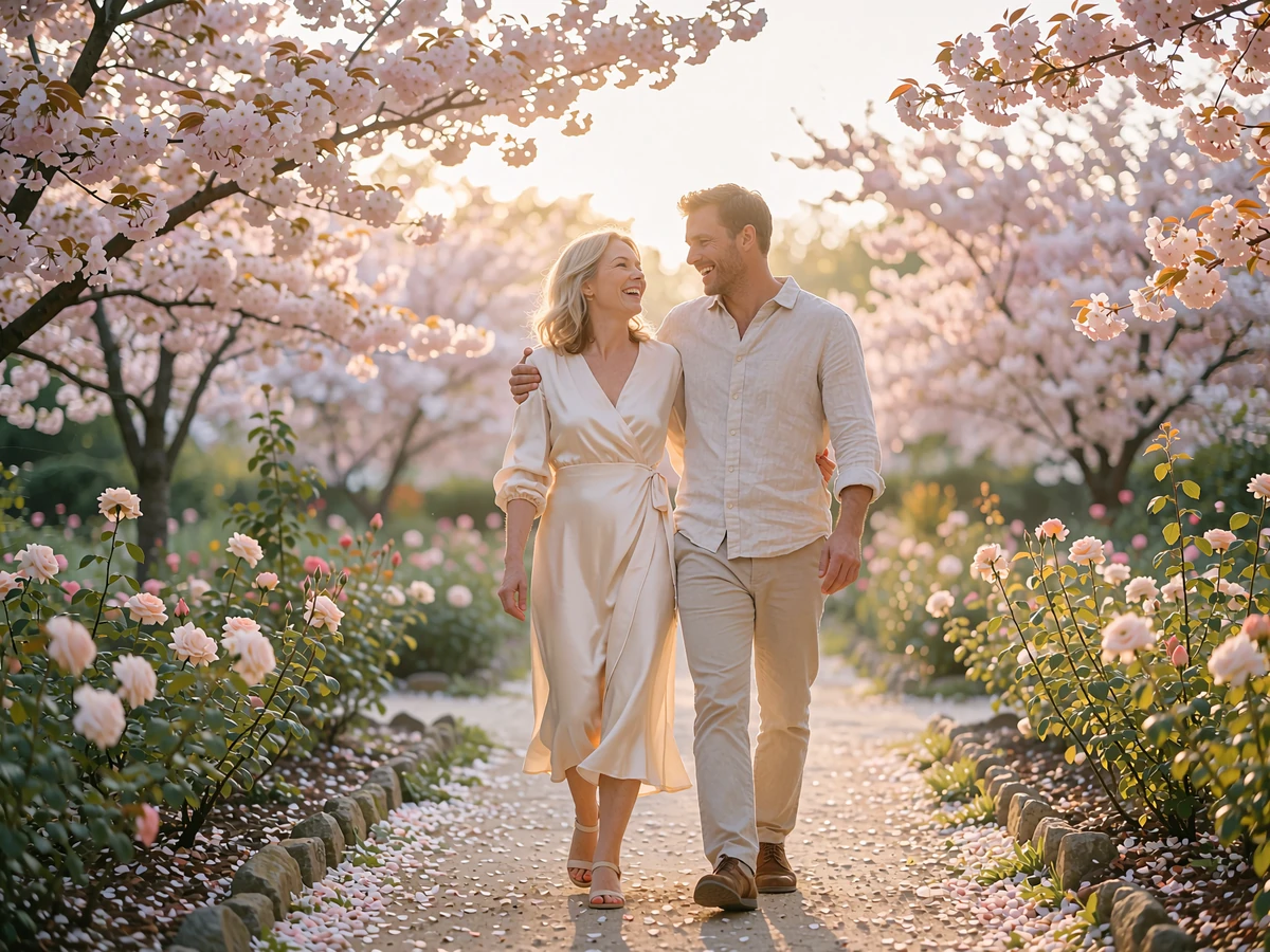 Japanese woman and Western man walking arm in arm and laughing along a blossom-lined garden path