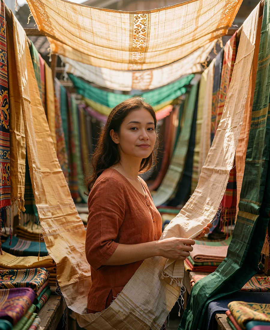 Vietnamese member in a terracotta linen top browsing silk fabric in a shaded market aisle
