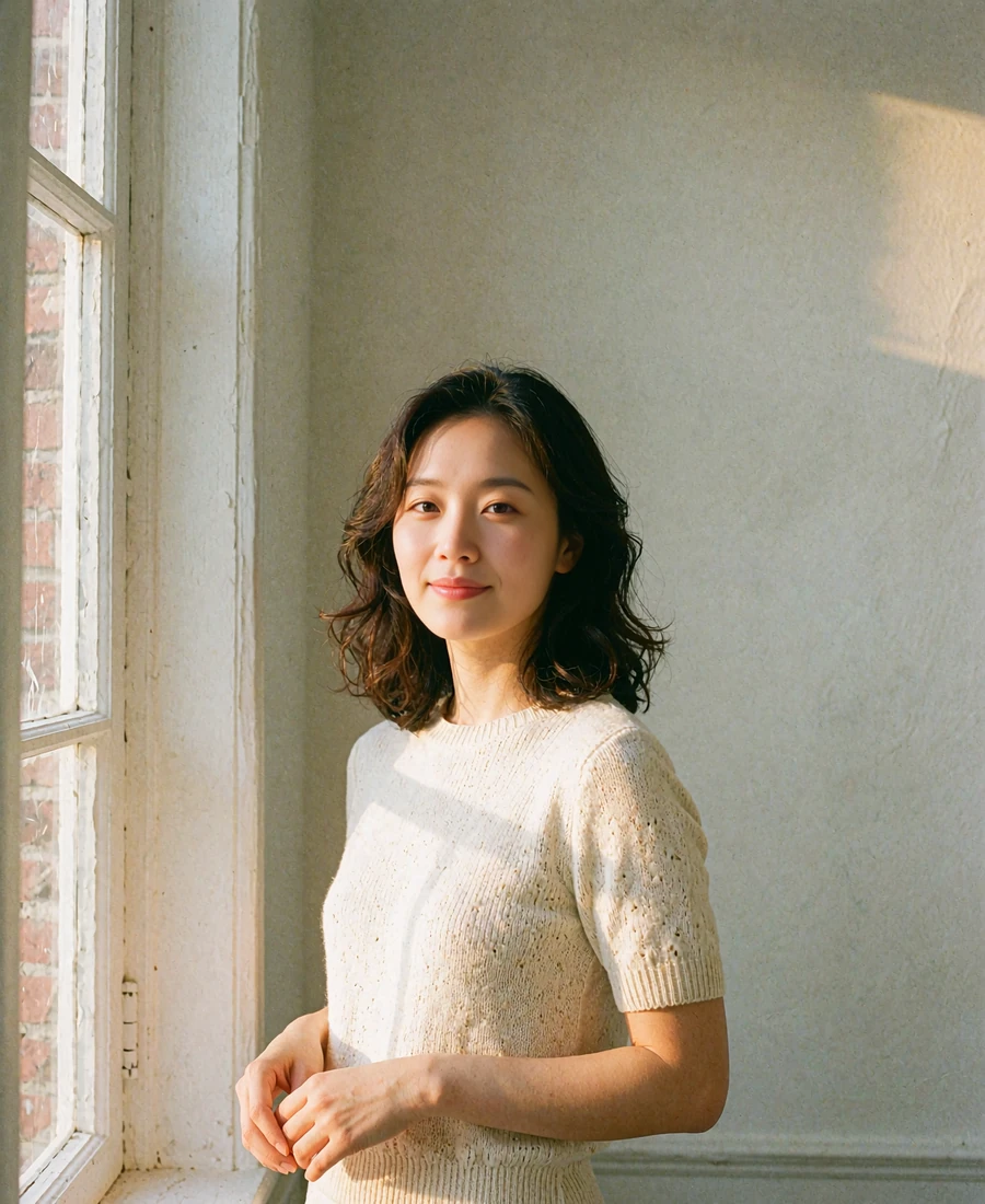 Korean member in a cream knit top standing beside a sunlit window in a minimal interior