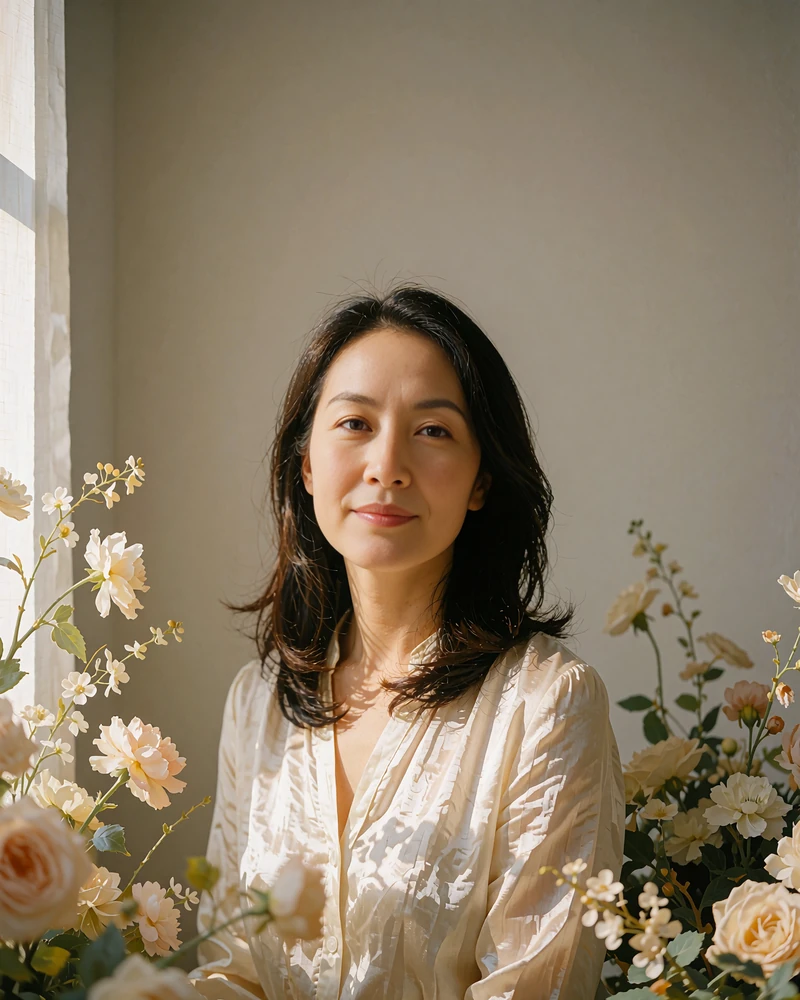 Taiwanese member in an ivory blouse photographed against a plain warm-grey studio wall