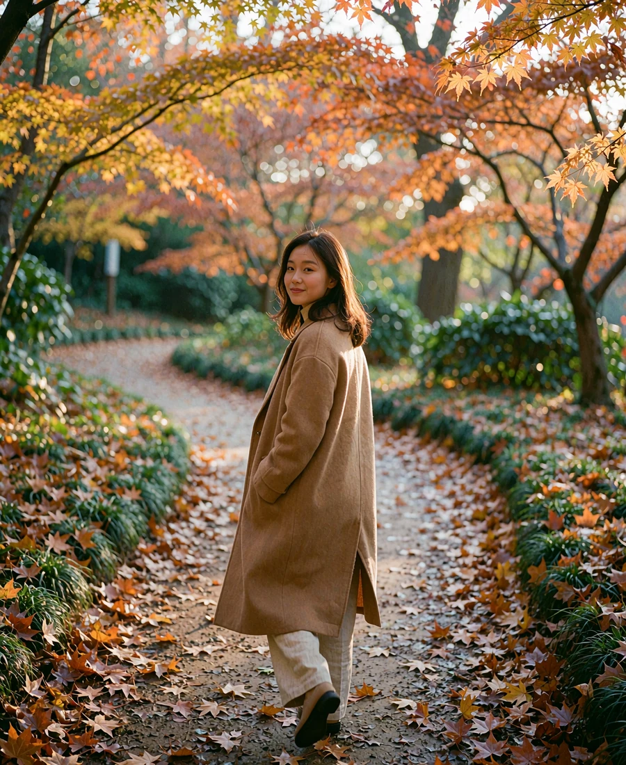 Korean member in a camel coat pausing along an autumn park path lined with maple trees
