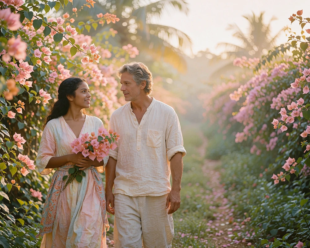 Couple walking together along a bougainvillea-lined garden lane, mid-conversation