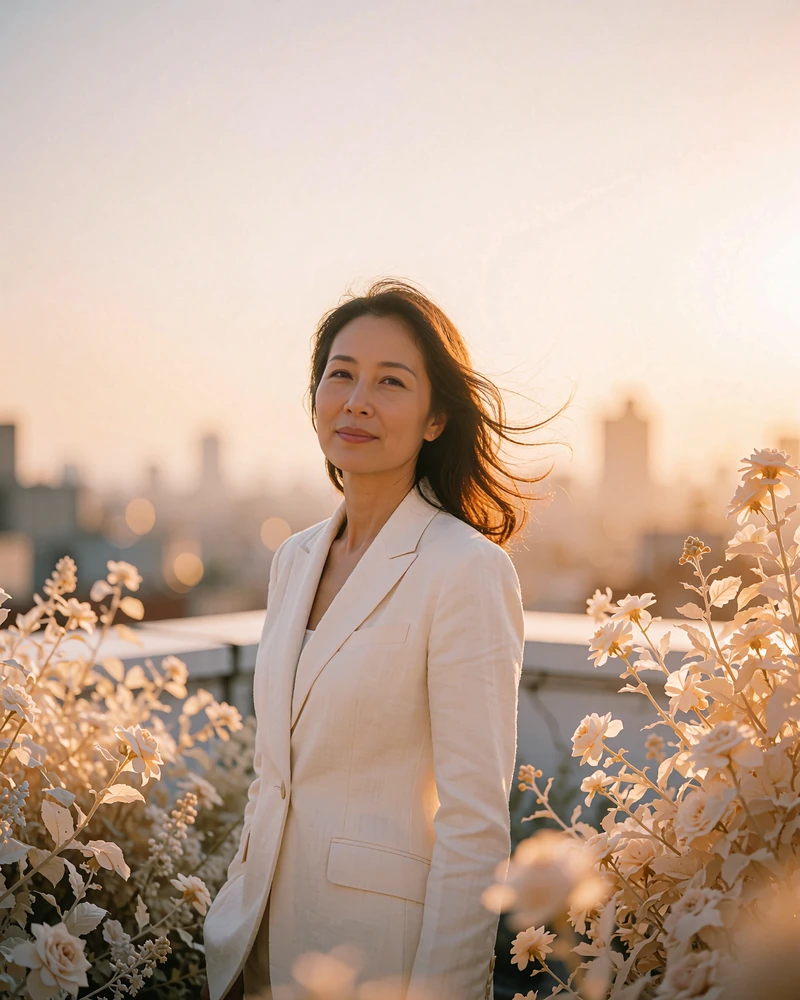 Taiwanese member in a cream blazer standing on a rooftop terrace at golden hour with a hazy skyline behind her