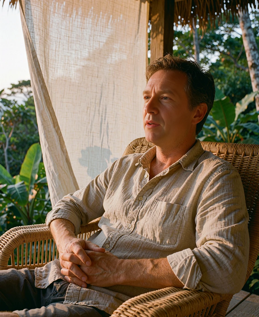 Man in his early fifties seated on a shaded veranda, listening attentively with relaxed, open posture