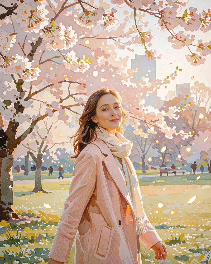 Kazakh woman in a blush coat walking through a blossoming city park