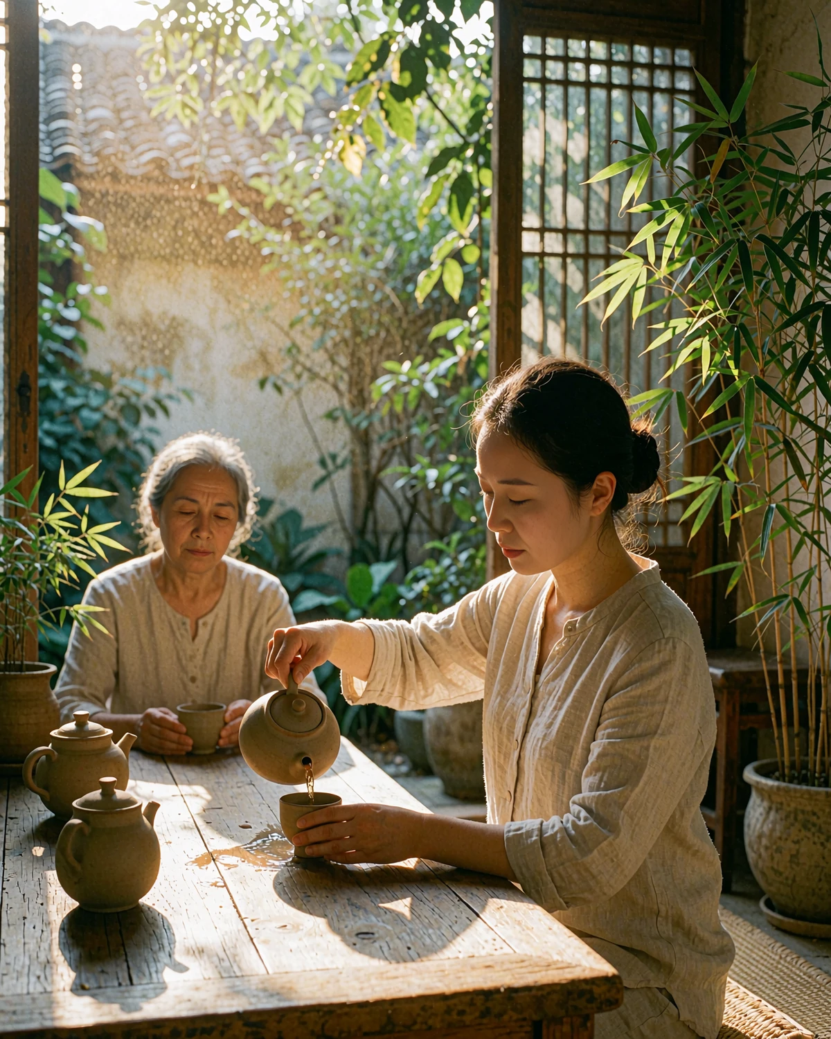 Chinese woman pouring tea at a low wooden table in a sunlit garden room with an older relative nearby