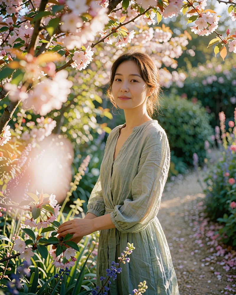 Korean member in a muted sage dress standing beneath blossoming branches on a garden path