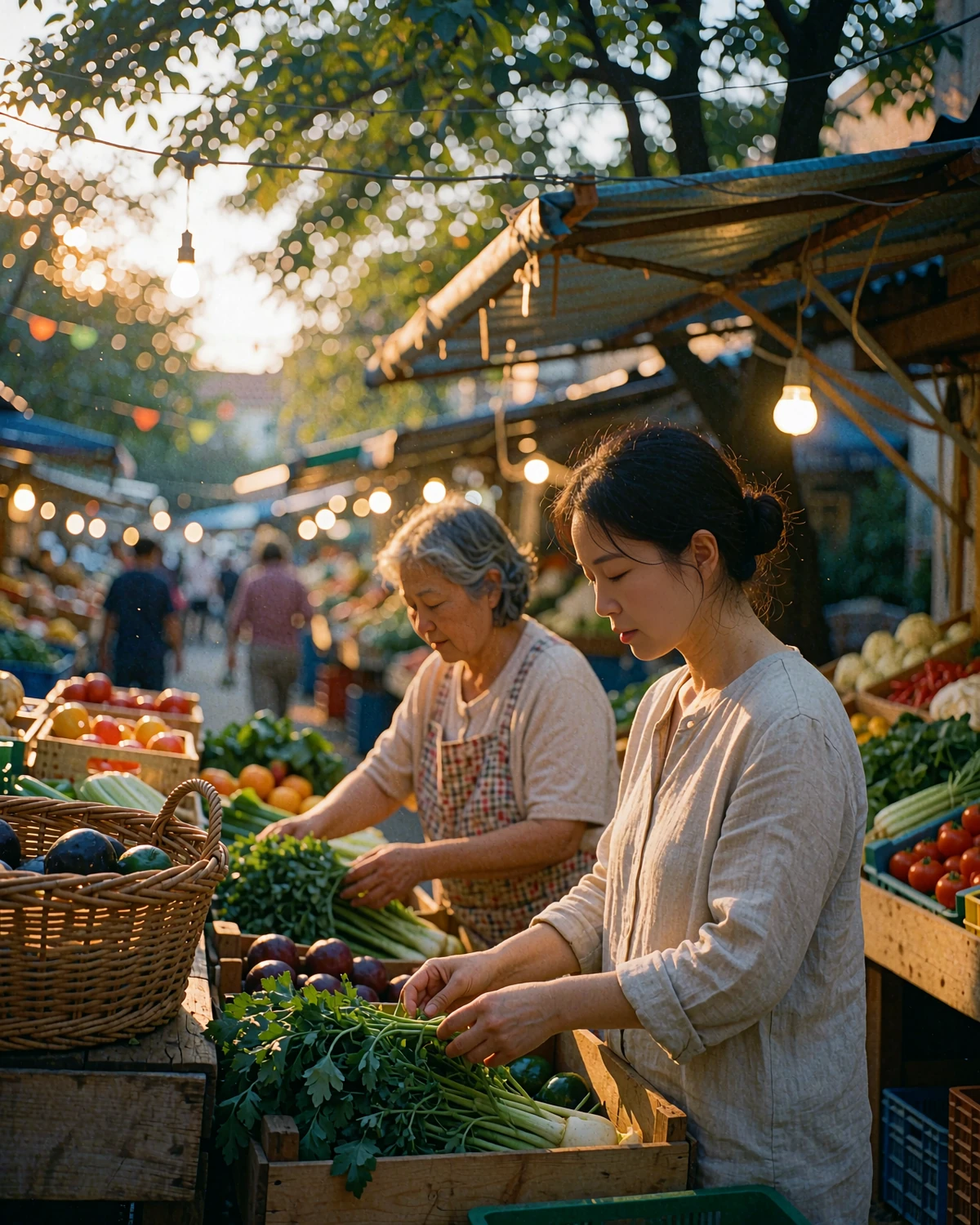 Korean woman browsing fresh produce at a covered evening market stall lit by warm hanging lamps