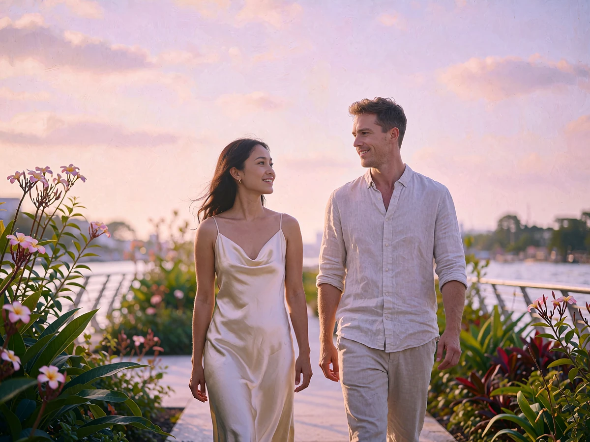 Couple walking side by side along a planted riverside promenade at dusk, turned toward each other in conversation