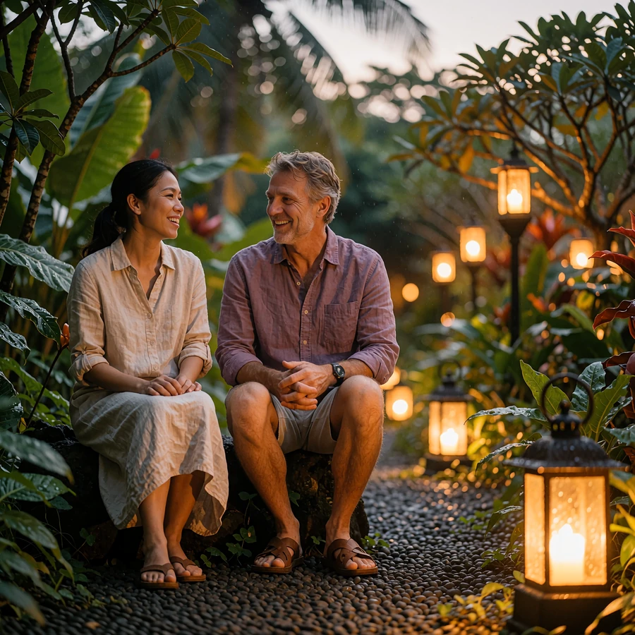 Couple walking slowly along a lantern-lit tropical garden path at dusk, talking and laughing