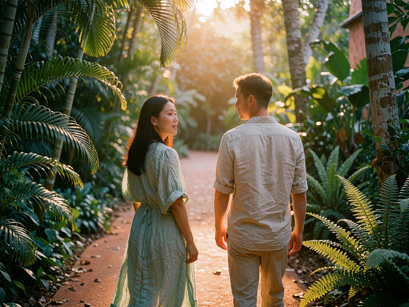 Couple walking together along a quiet tropical garden path at golden hour