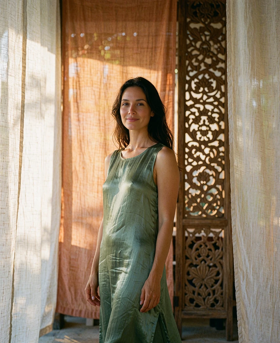 Thai woman in a sage silk dress smiling in a shaded temple courtyard