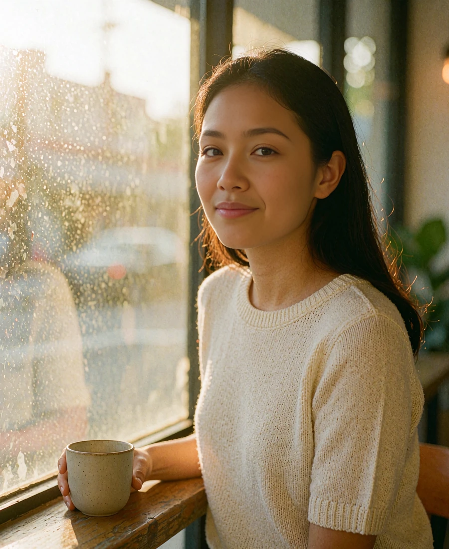 Filipina member in an ivory knit top sitting beside a tall cafe window in warm afternoon light