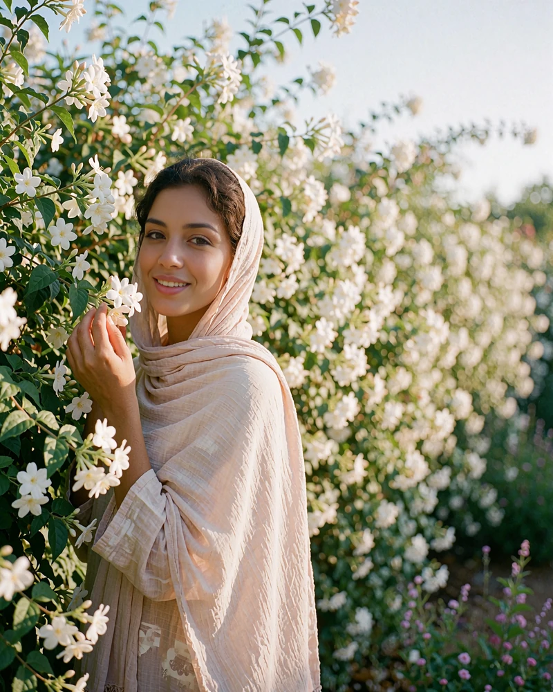 Yemeni woman in a pale blush headscarf standing among flowering jasmine bushes