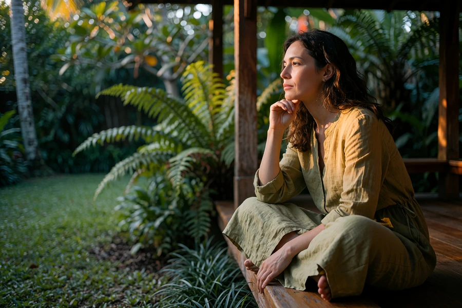 Asian woman in an olive linen dress sitting thoughtfully in an open garden pavilion